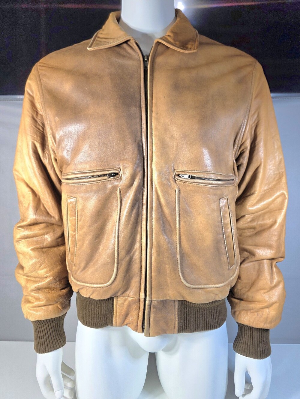 Adam Spencer 80's Caramel Brown Leather Bomber Jacket Size 42T Large Tall